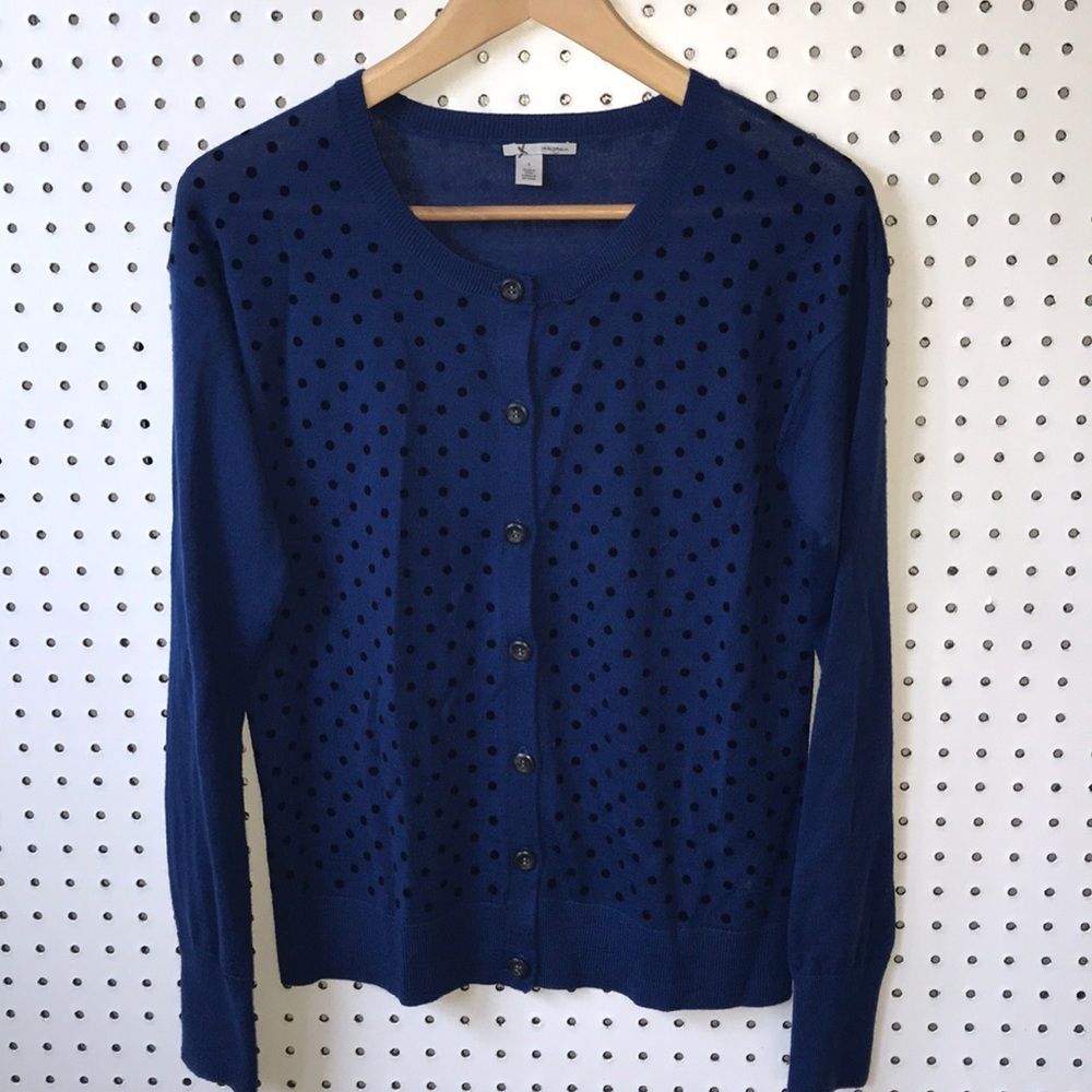 Halogen blue cardigan sweater w black polka dots